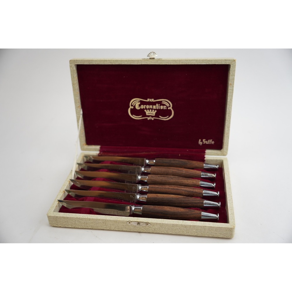 Coronation Saffe Steak Knife Set 6pc Brown Wood Handle Stainless Japan Vintage